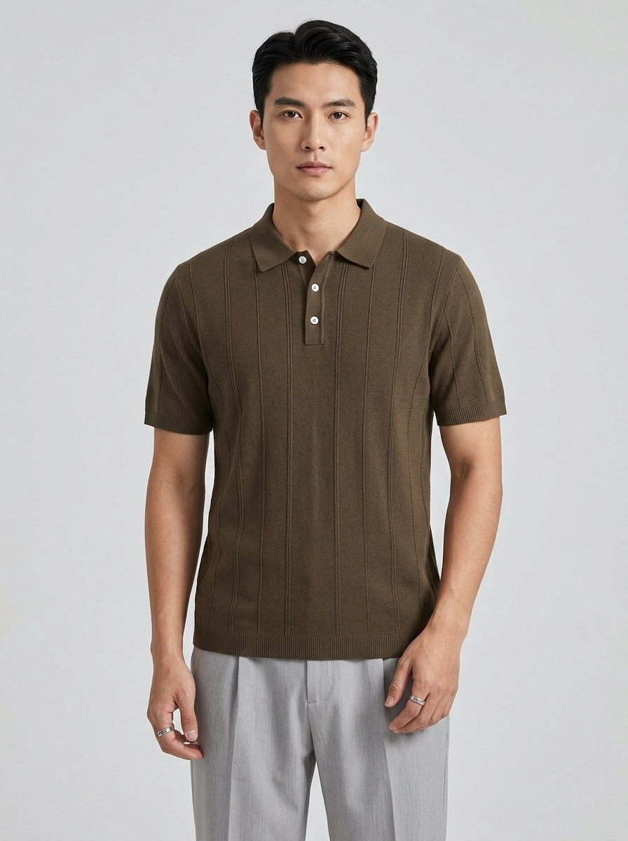 Men's Knitted Ribbed Polo Shirt - Short Sleeve Casual Top