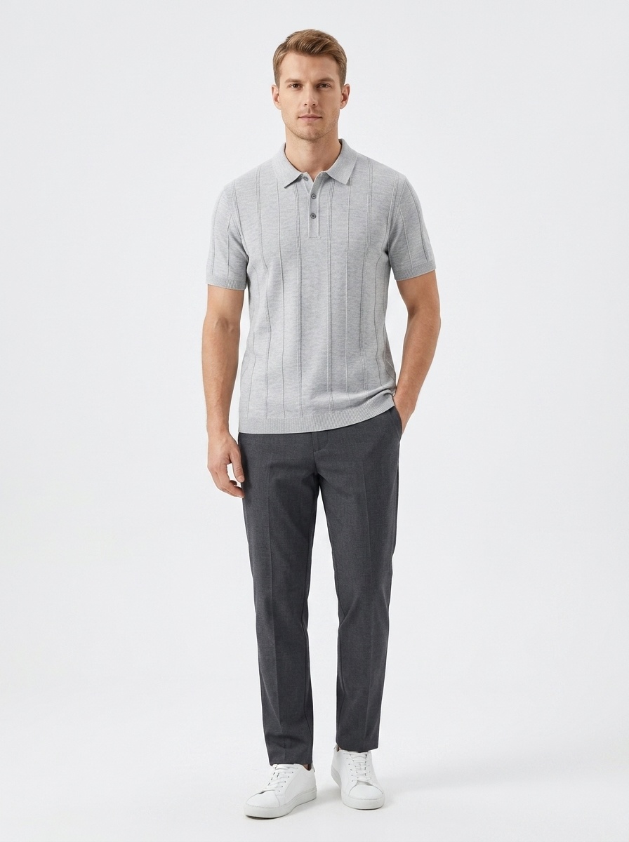 Men's Knitted Ribbed Polo Shirt - Short Sleeve Casual Top