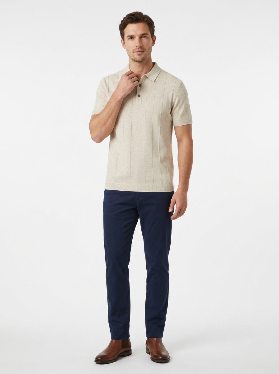 Men's Knitted Ribbed Polo Shirt - Short Sleeve Casual Top