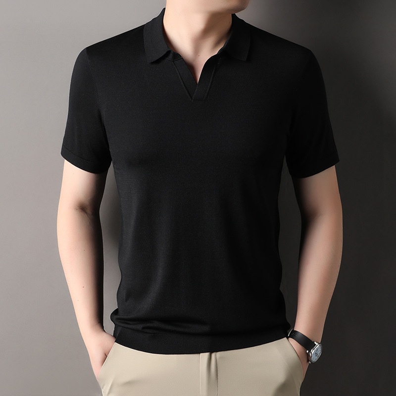 Men's Knitted Polo Shirt - Short Sleeve V-Neck