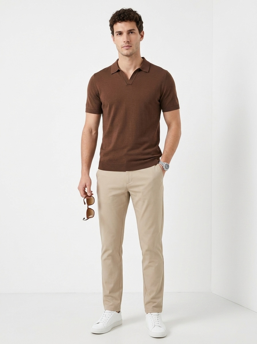 Men's Knitted Polo Shirt - Short Sleeve V-Neck
