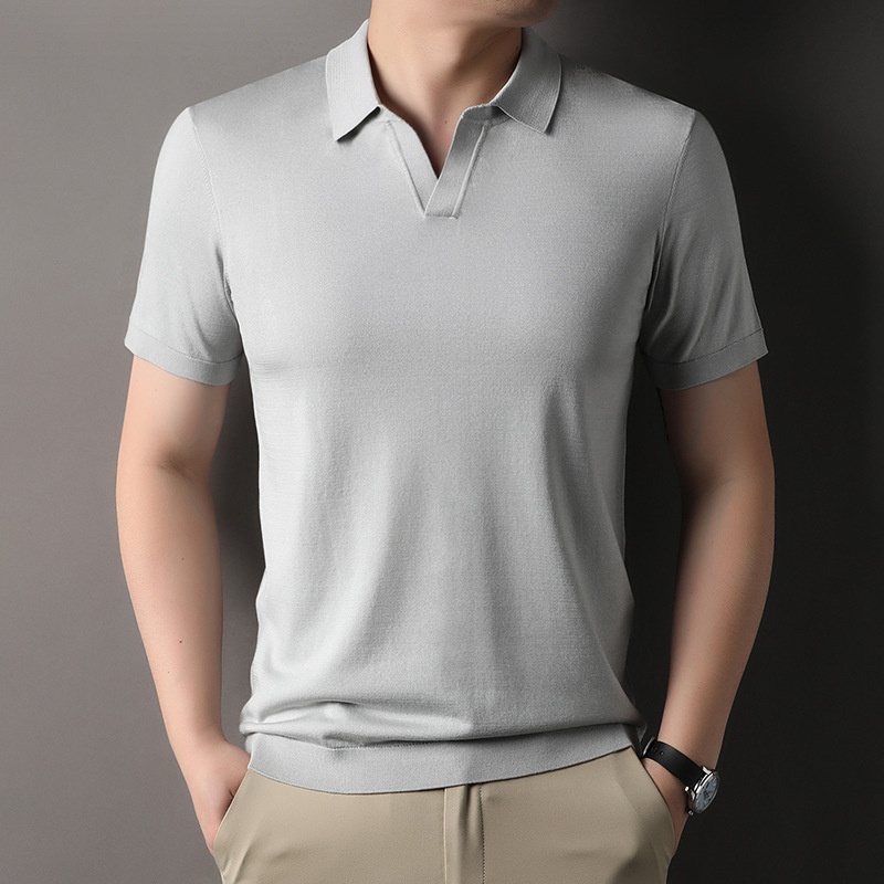 Men's Knitted Polo Shirt - Short Sleeve V-Neck