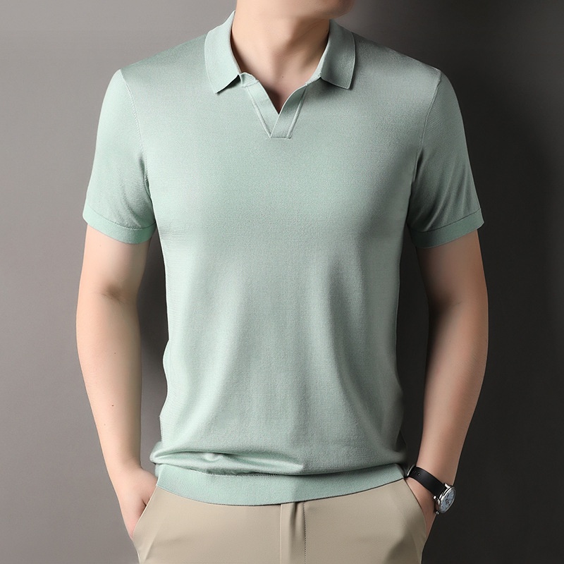 Men's Knitted Polo Shirt - Short Sleeve V-Neck