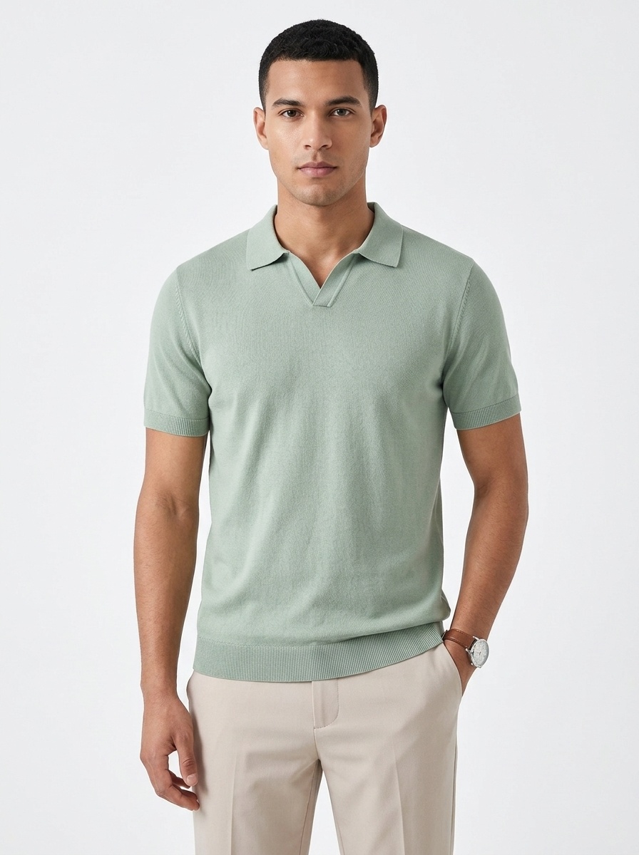 Men's Knitted Polo Shirt - Short Sleeve V-Neck