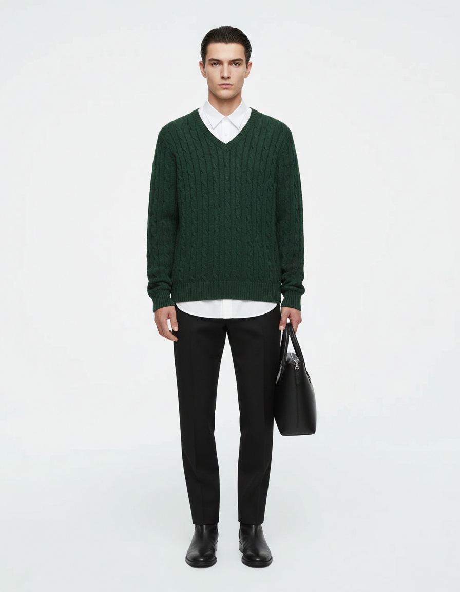 Men's V-Neck Cable Knit Sweater Casual Cotton Pullover Knitwear