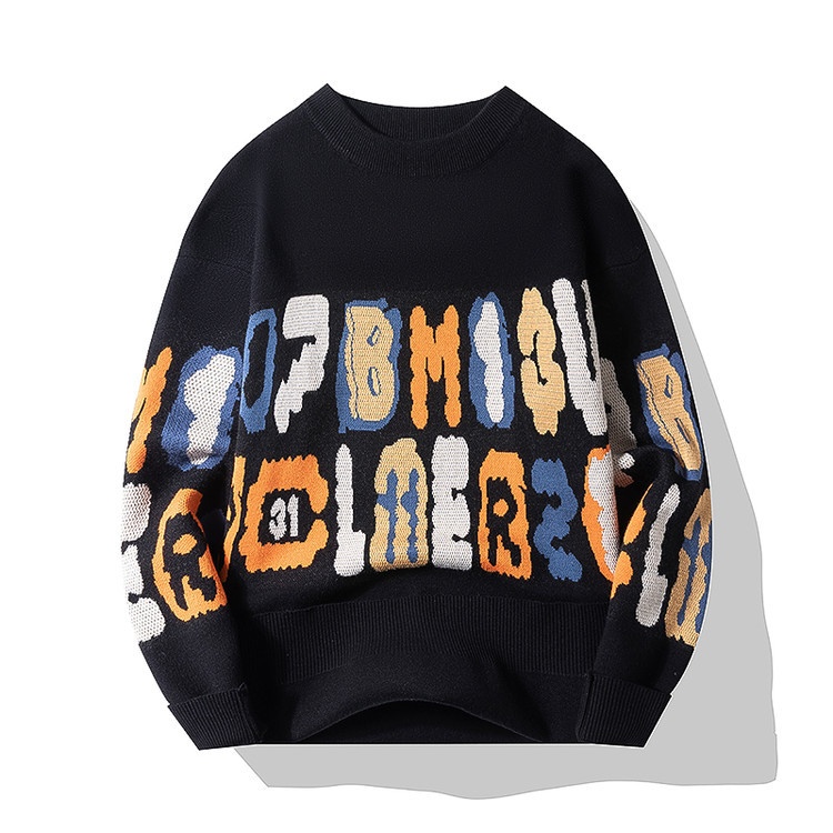 Men's Fashion Crewneck Knit Jacquard Sweater Base Layer