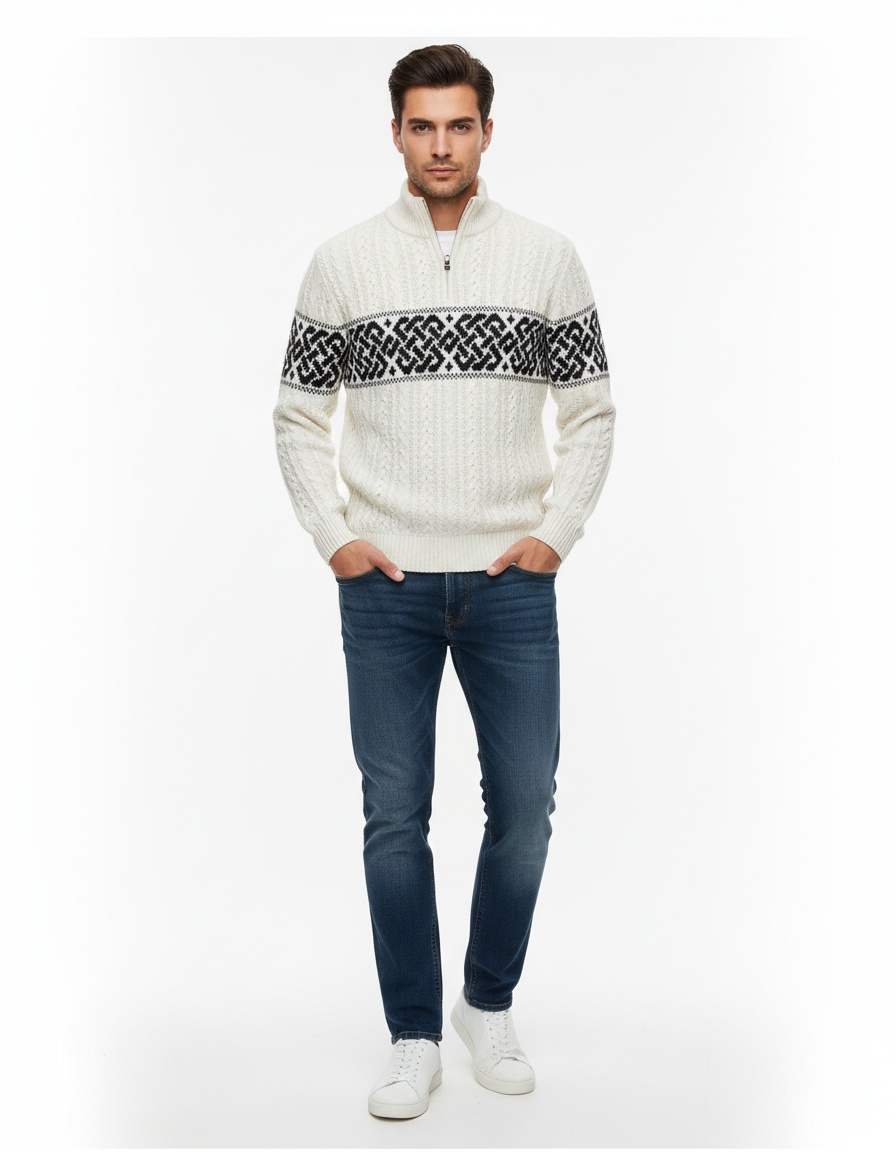Men's Heavy Jacquard Half-Zip Pullover Slim Fit Knit Sweater
