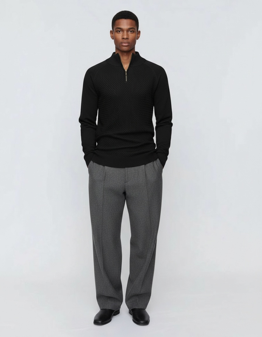 Men's Mock Neck Zip Knit Sweater Solid Color Long Sleeve Pullover