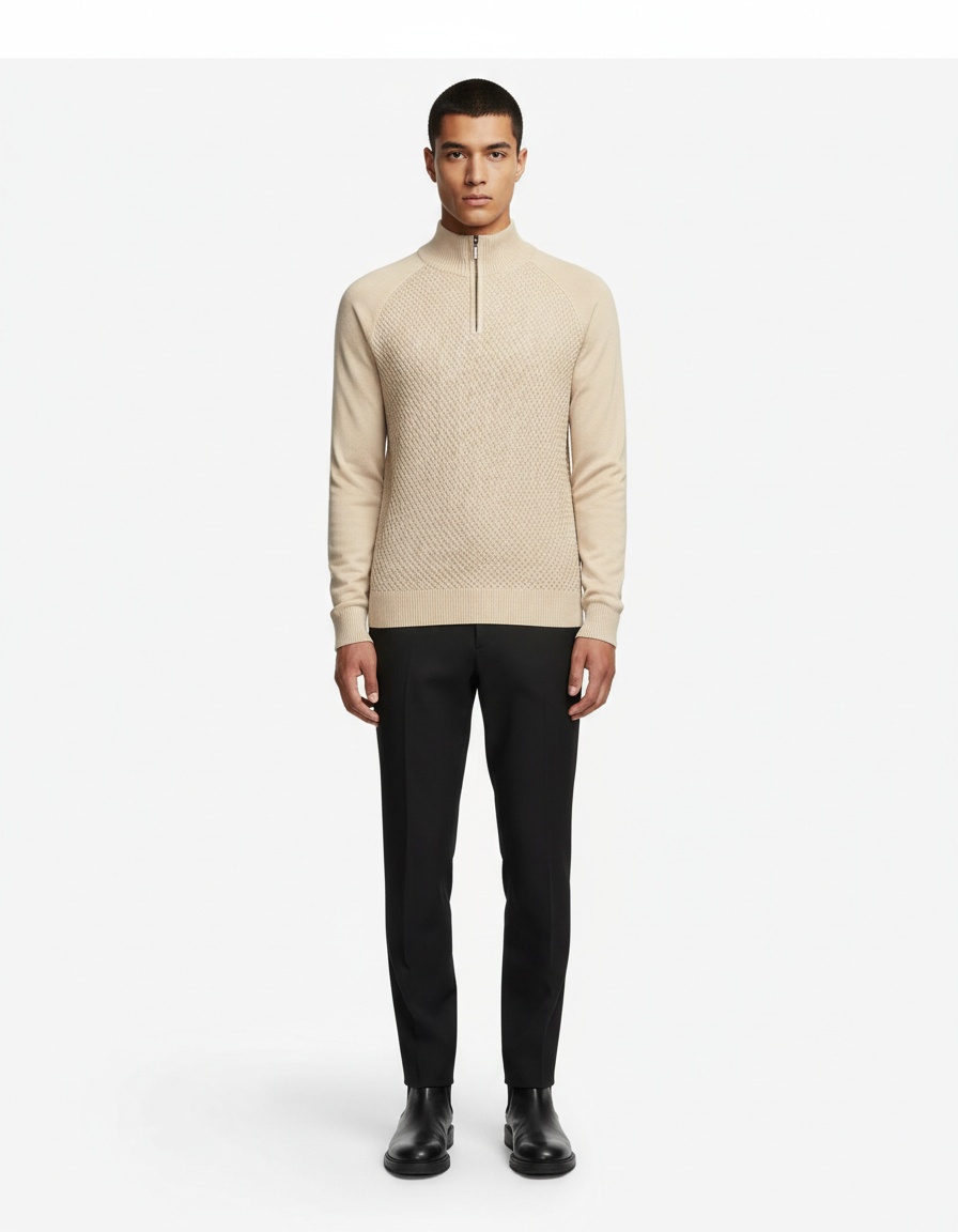 Men's Mock Neck Zip Knit Sweater Solid Color Long Sleeve Pullover