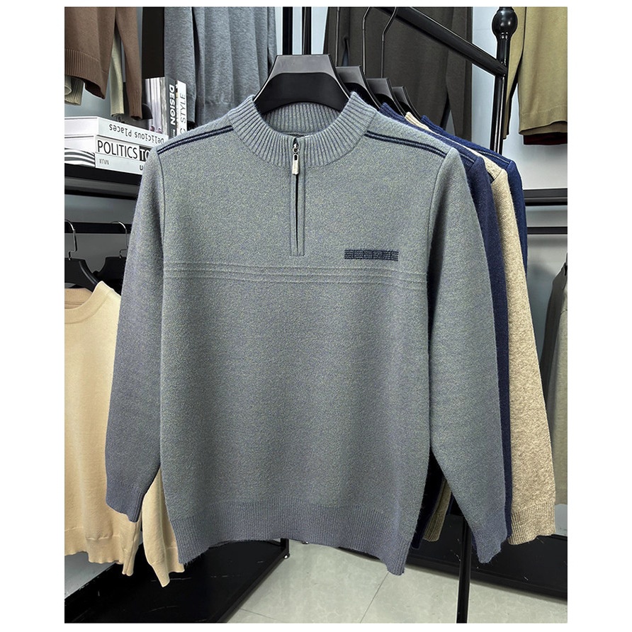 Men's Mock Neck Zip Knit Sweater Fashion Warm Long Sleeve Pullover