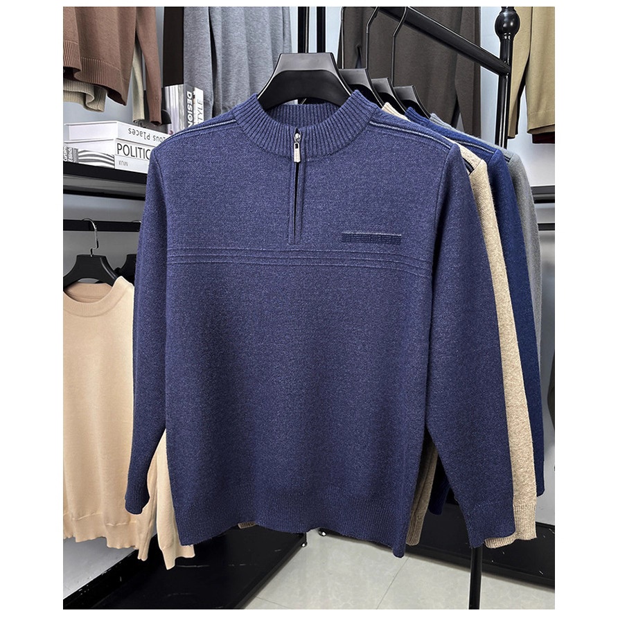 Men's Mock Neck Zip Knit Sweater Fashion Warm Long Sleeve Pullover
