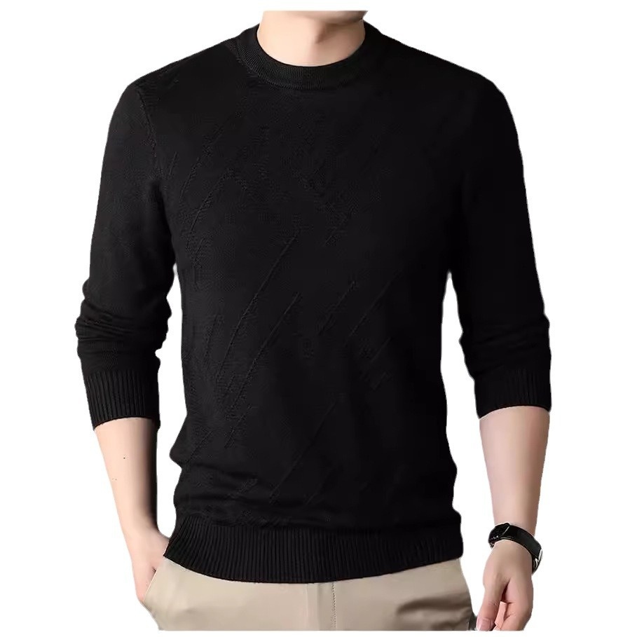 Men's Solid Color Fine Knit Jacquard Sweater Casual Crewneck Top