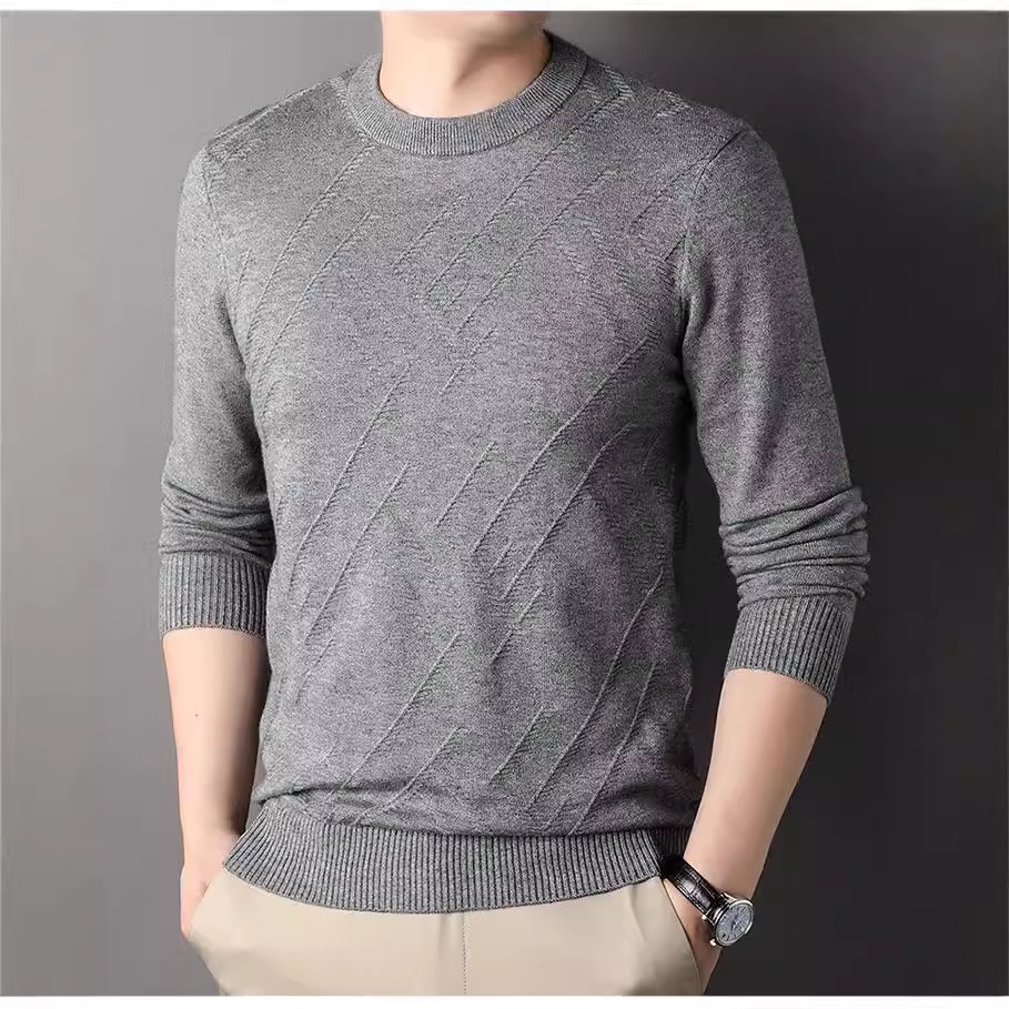 Men's Solid Color Fine Knit Jacquard Sweater Casual Crewneck Top