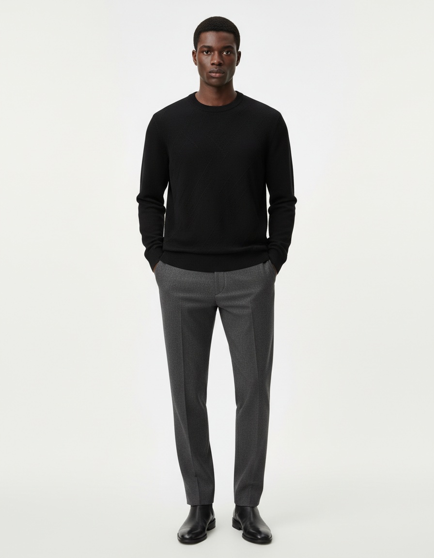 Men's Solid Color Fine Knit Jacquard Sweater Casual Crewneck Top