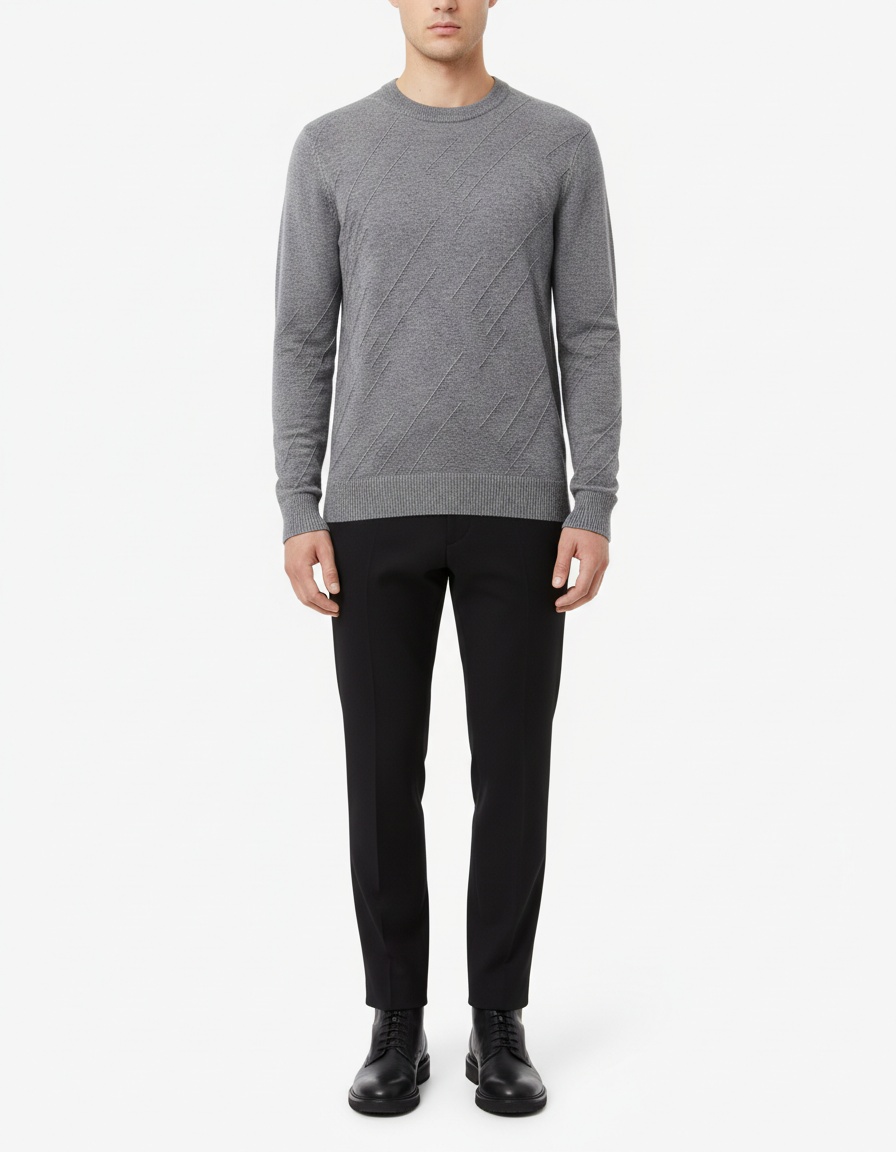 Men's Solid Color Fine Knit Jacquard Sweater Casual Crewneck Top