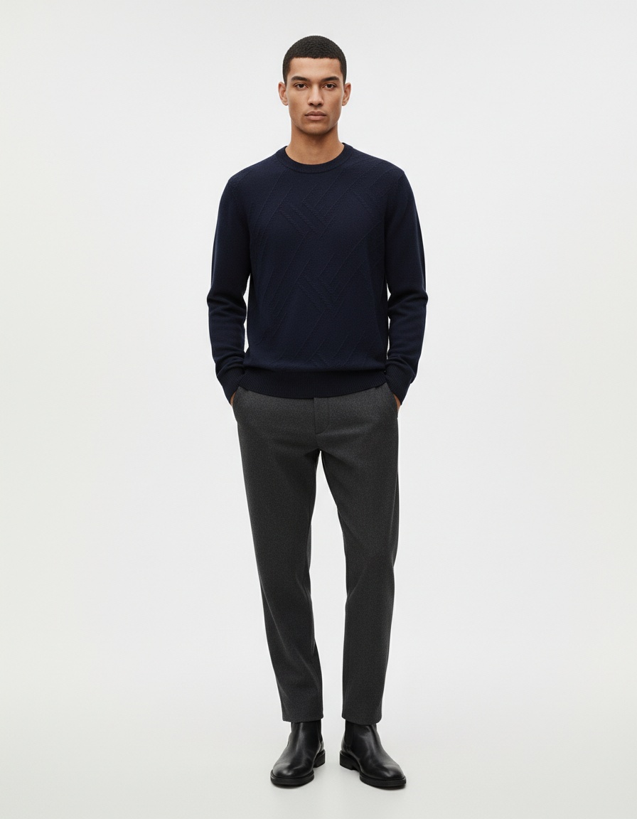 Men's Solid Color Fine Knit Jacquard Sweater Casual Crewneck Top