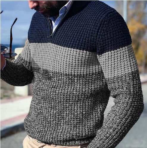 Men's Loose Fit Color Block Zip V-Neck Knit Sweater