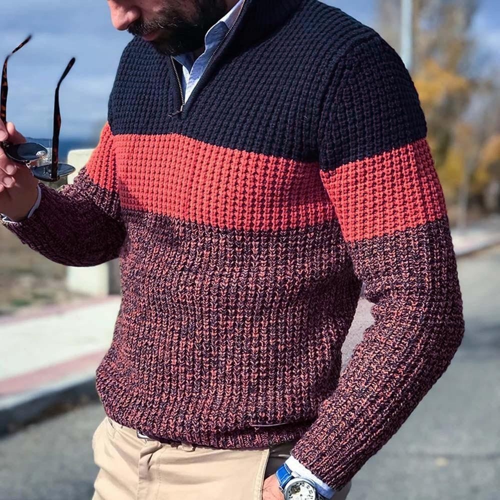 Men's Loose Fit Color Block Zip V-Neck Knit Sweater