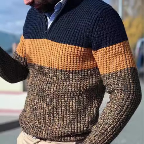 Men's Loose Fit Color Block Zip V-Neck Knit Sweater
