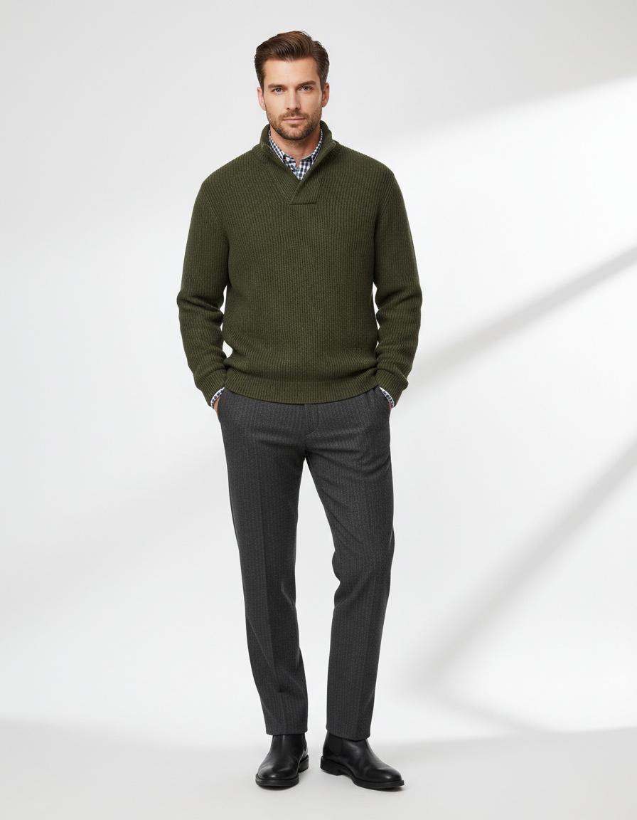 Men's V-Neck Pullover Sweater Solid Color Loose Fit Knitwear