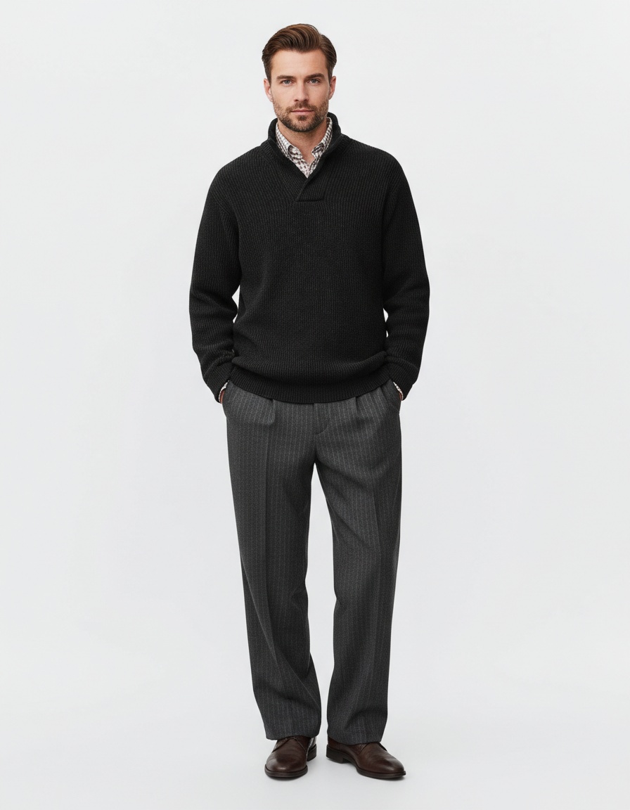 Men's V-Neck Pullover Sweater Solid Color Loose Fit Knitwear