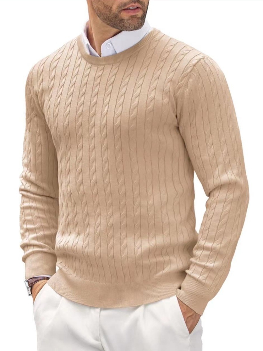 Men's Cable Knit Solid Color Crewneck Pullover Slim Fit Base Layer