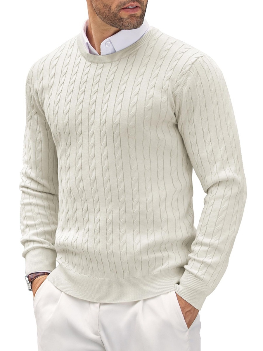 Men's Cable Knit Solid Color Crewneck Pullover Slim Fit Base Layer