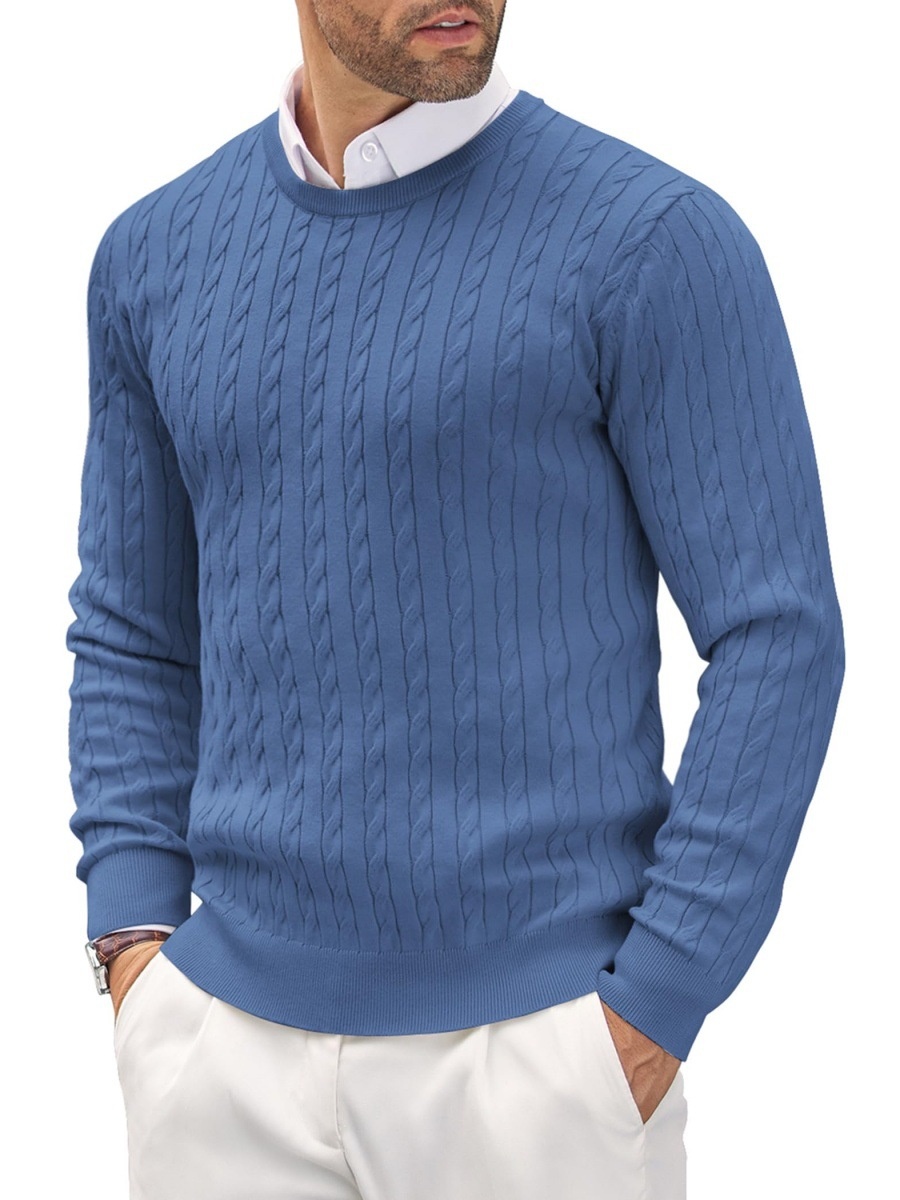 Men's Cable Knit Solid Color Crewneck Pullover Slim Fit Base Layer