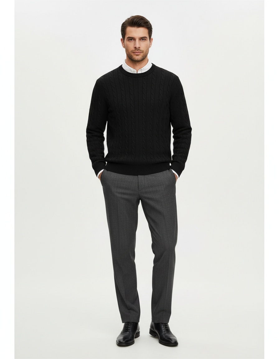 Men's Cable Knit Solid Color Crewneck Pullover Slim Fit Base Layer