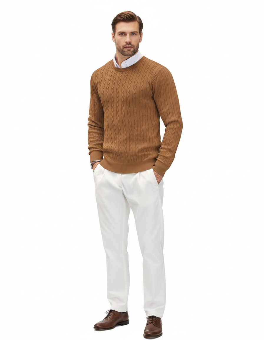 Men's Cable Knit Solid Color Crewneck Pullover Slim Fit Base Layer