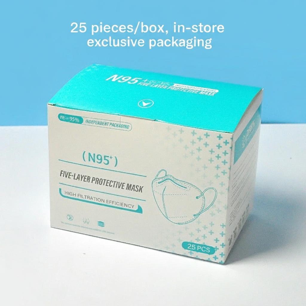 N95 antivirale gezichtsmaskers voor volwassenen, 5-laags bescherming, 3D industrieel stofwerend, 25 stuks per doos, individueel verpakt.