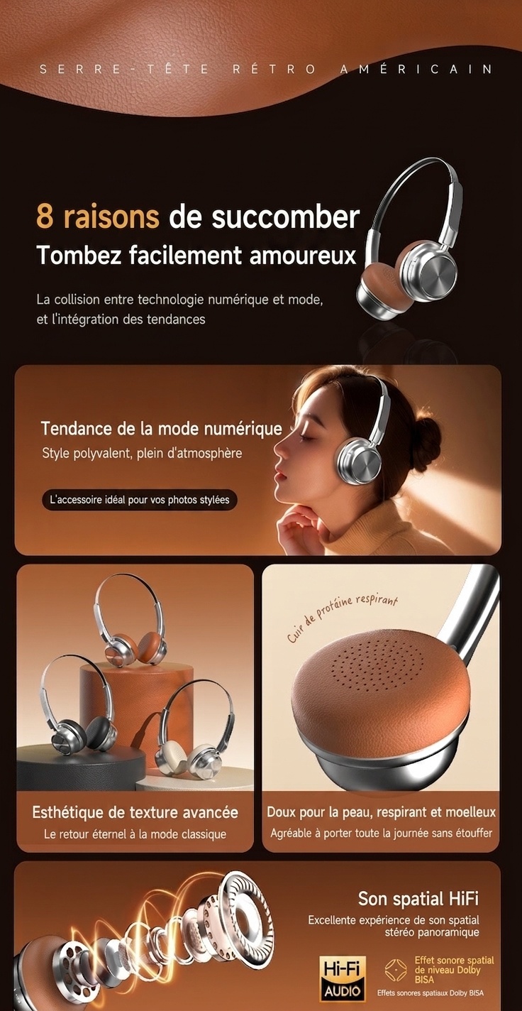 Casque audio rétro sans fil Bluetooth 5.4 supra-auriculaire