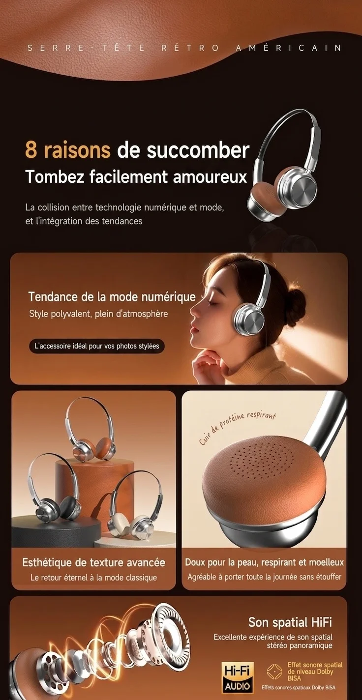 Casque audio rétro sans fil Bluetooth 5.4 supra-auriculaire