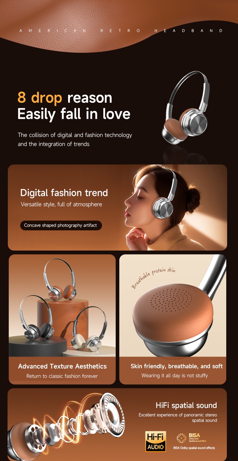 Retro Wireless Headphones Bluetooth 5.4 Over-Ear Headset