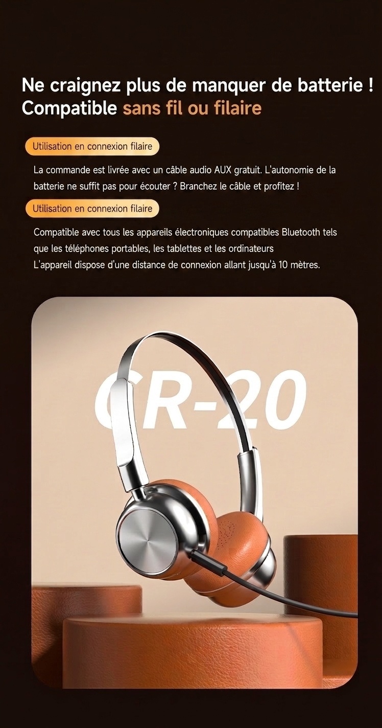 Casque audio rétro sans fil Bluetooth 5.4 supra-auriculaire