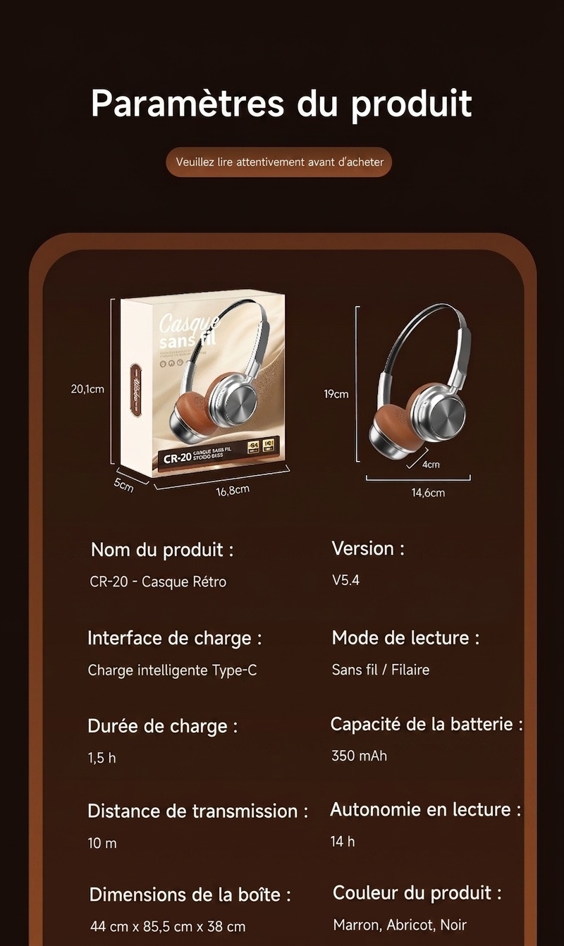Casque audio rétro sans fil Bluetooth 5.4 supra-auriculaire