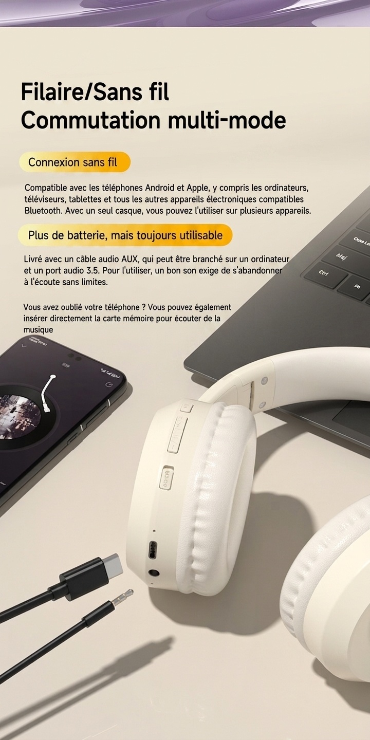 Casque sans fil Bluetooth 6.0 | Audio haute résolution et autonomie de 15 h