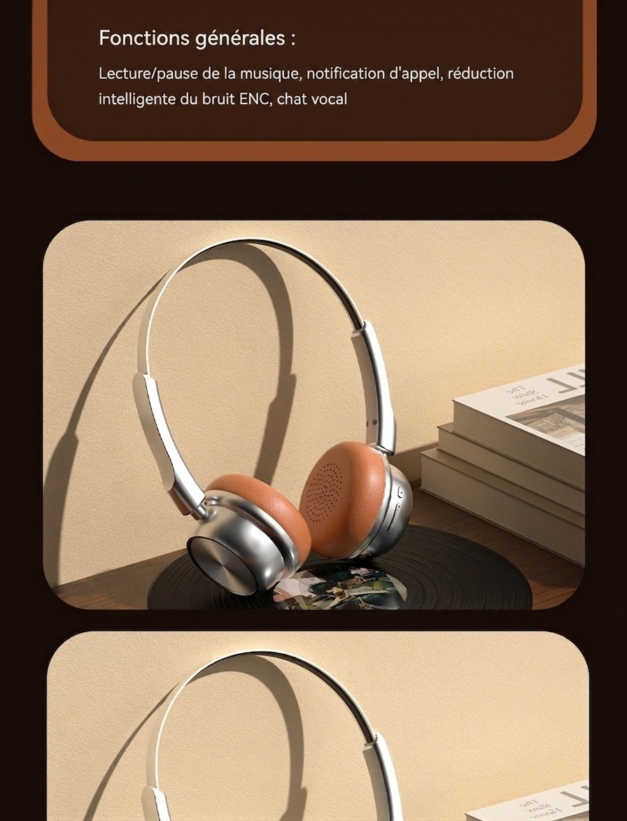 Casque audio rétro sans fil Bluetooth 5.4 supra-auriculaire