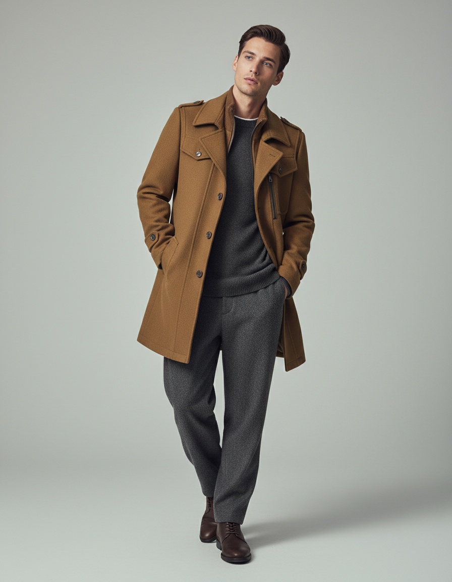 Gabardina de lana con cuello doble y cremallera vertical para hombre, corte estándar, moda primavera/otoño