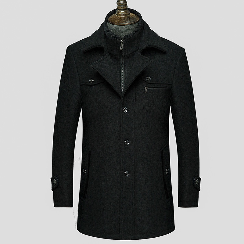 Trench-coat homme automne/hiver à double col en laine - Manteau d'affaires matelassé en laine infroissable avec fermeture éclair horizontale