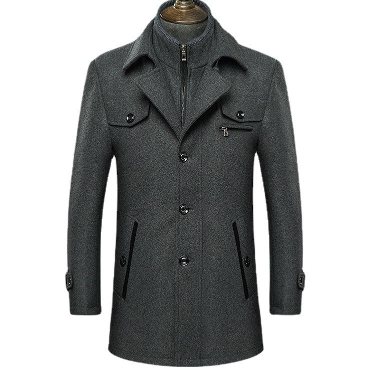 Trench-coat homme automne/hiver à double col en laine - Manteau d'affaires matelassé en laine infroissable avec fermeture éclair horizontale