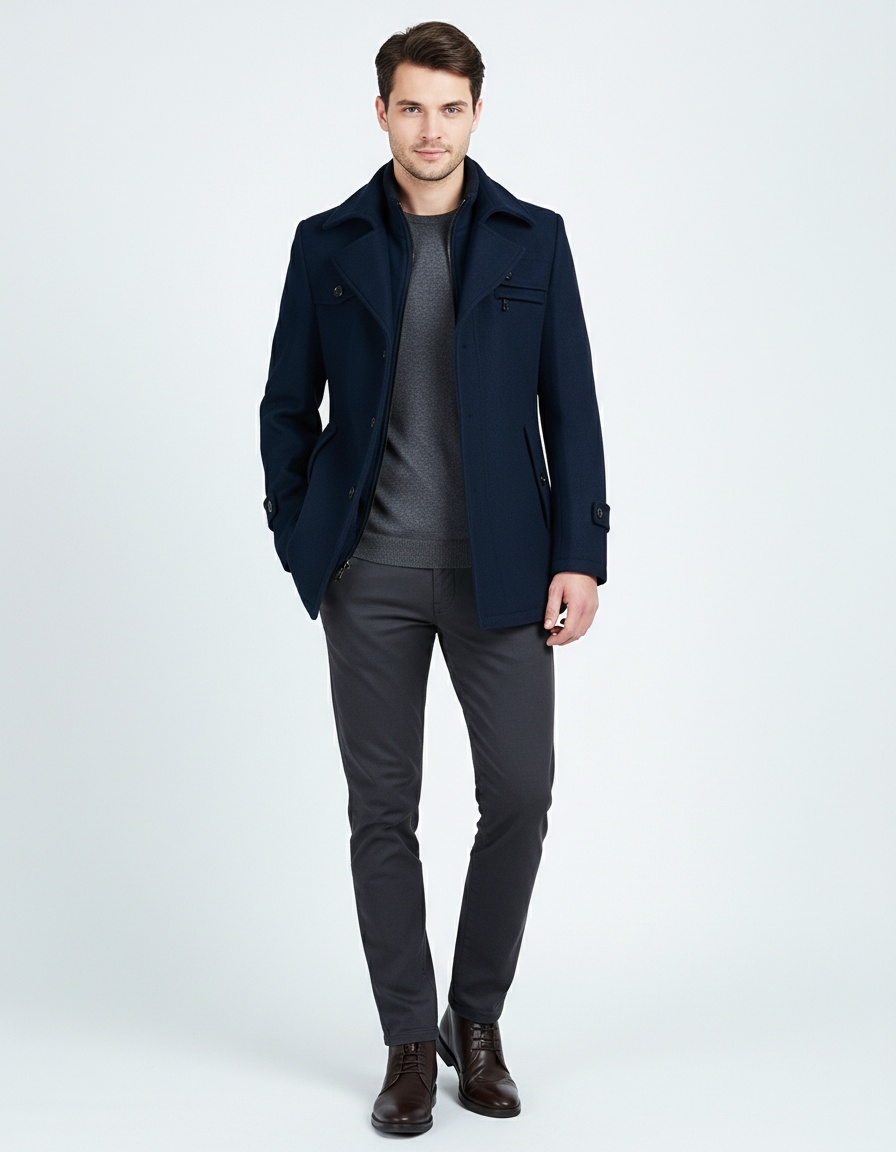 Trench-coat homme automne/hiver à double col en laine - Manteau d'affaires matelassé en laine infroissable avec fermeture éclair horizontale