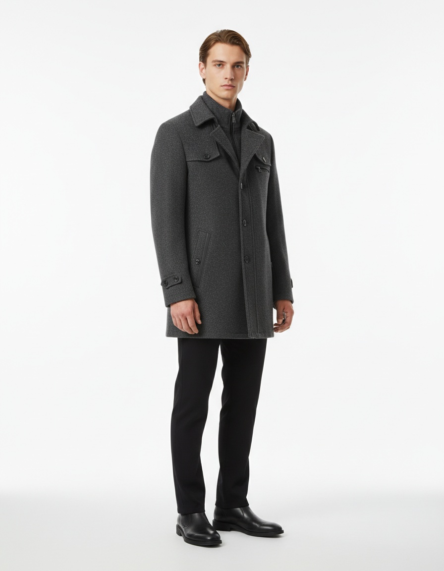 Trench-coat homme automne/hiver à double col en laine - Manteau d'affaires matelassé en laine infroissable avec fermeture éclair horizontale