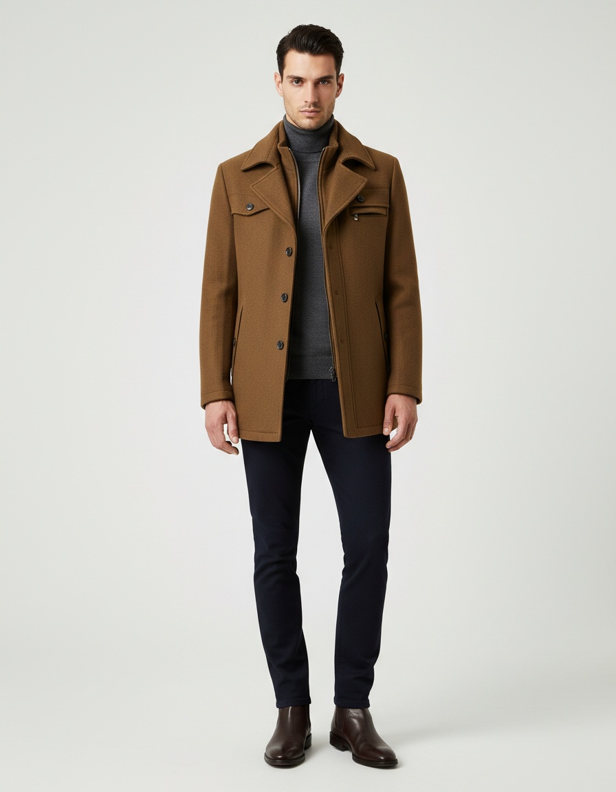 Trench-coat homme automne/hiver à double col en laine - Manteau d'affaires matelassé en laine infroissable avec fermeture éclair horizontale