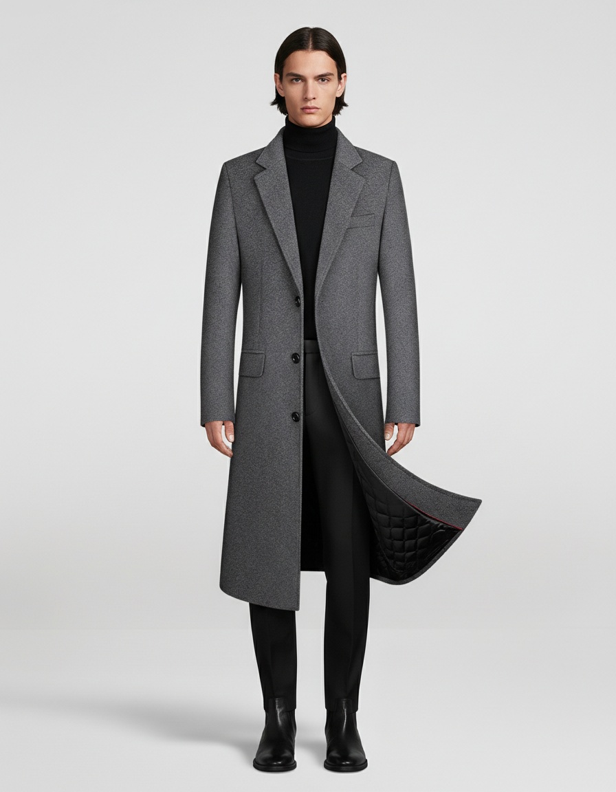 Trench-coat matelassé en laine pour homme, automne/hiver - Long jusqu'aux genoux