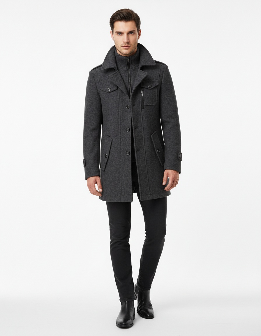 Trench-coat homme à double col - Coupe standard avec fermeture éclair verticale