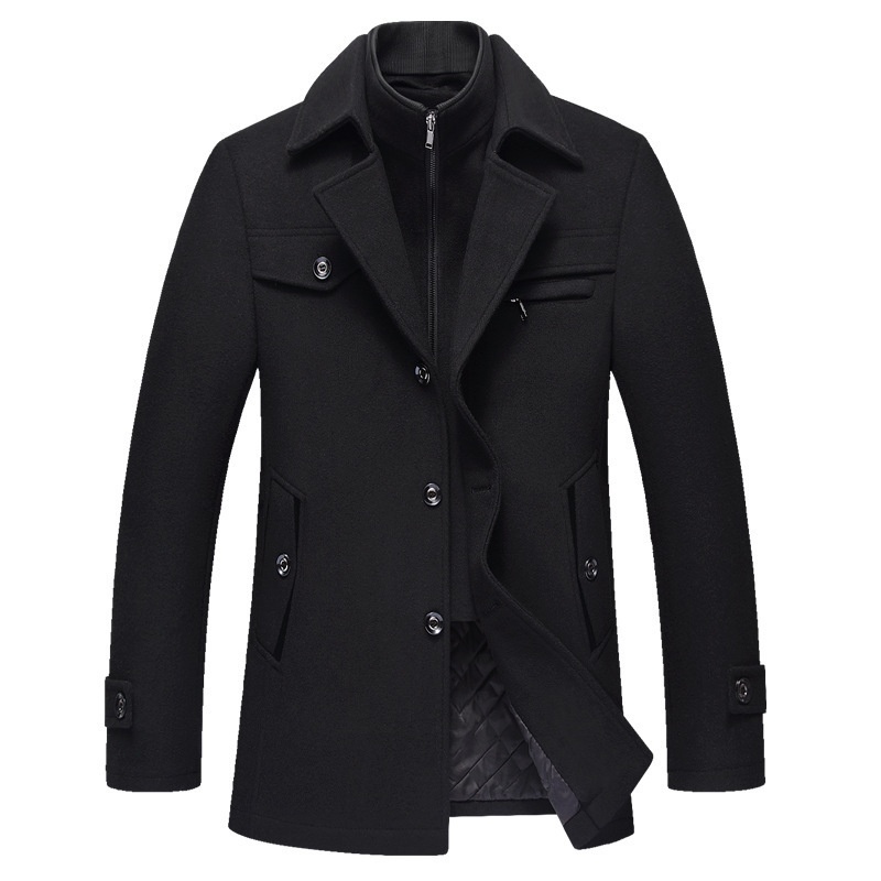 Trench-coat homme en laine à double col - Manteau d'affaires matelassé en laine, infroissable, avec fermeture éclair horizontale