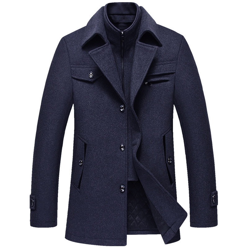 Trench-coat homme en laine à double col - Manteau d'affaires matelassé en laine, infroissable, avec fermeture éclair horizontale