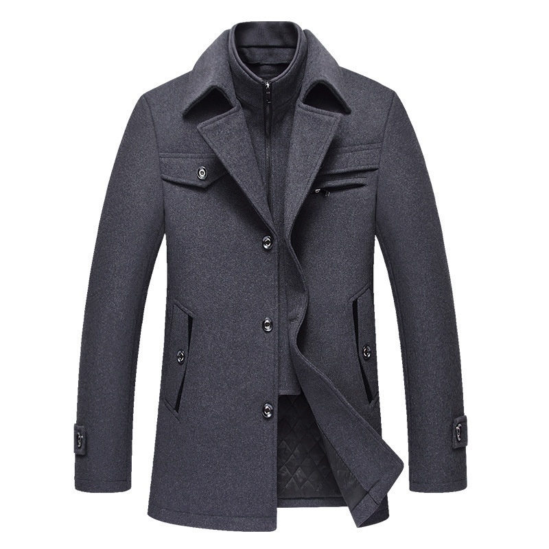 Trench-coat homme en laine à double col - Manteau d'affaires matelassé en laine, infroissable, avec fermeture éclair horizontale