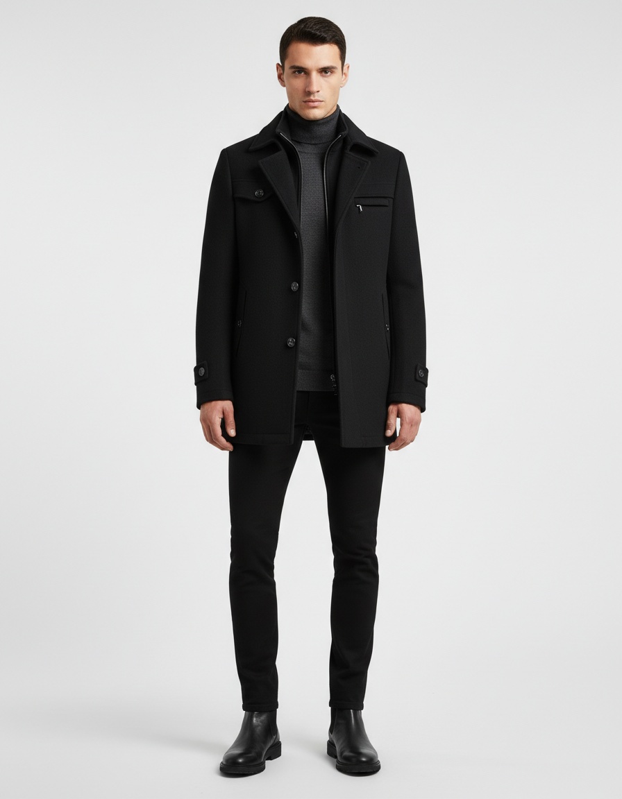 Trench-coat homme en laine à double col - Manteau d'affaires matelassé en laine, infroissable, avec fermeture éclair horizontale